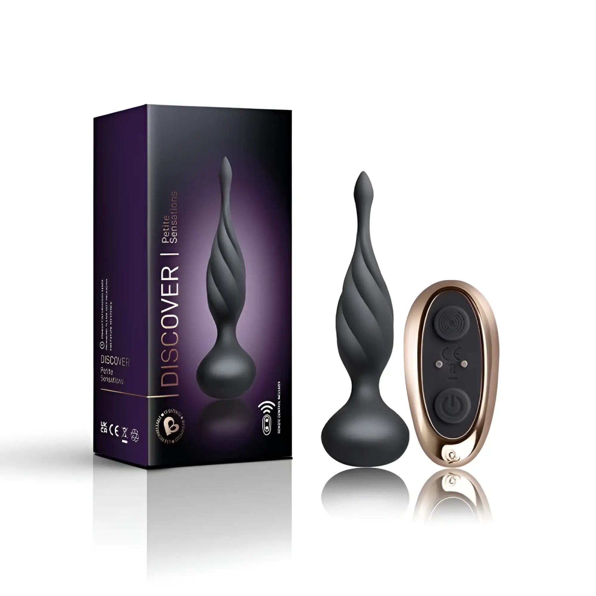Black twisted silicone anal plug with rose gold remote control from rocks off petite sensation discover butt plug w remote black