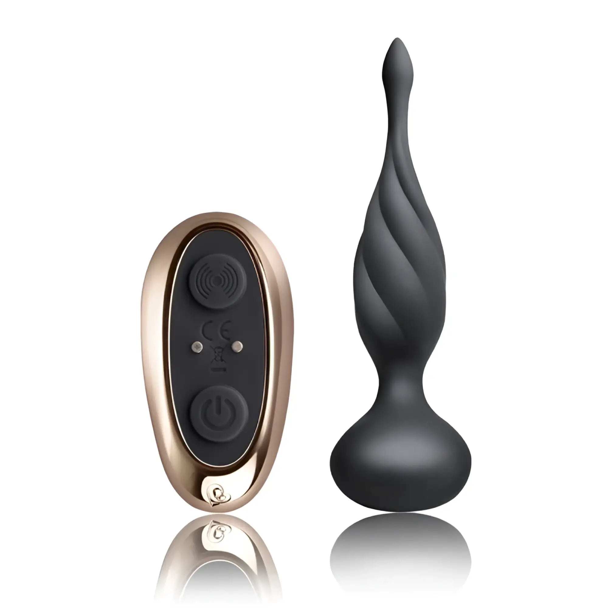 Black twisted silicone anal plug with rose gold remote control from Rocks Off Petite Sensation Discover butt plug collection