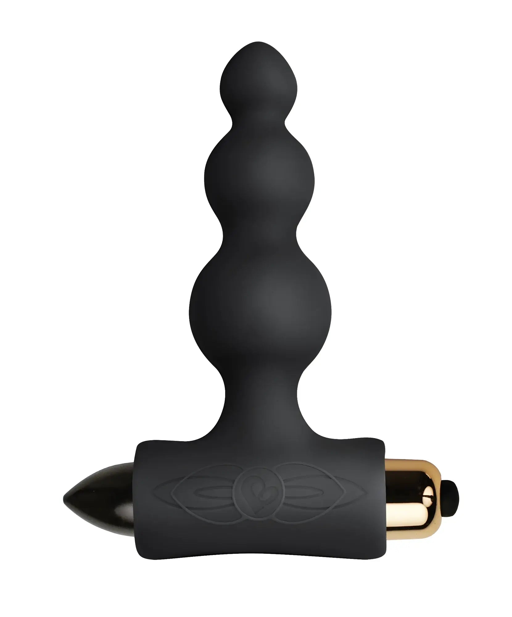 Black silicone anal plug rocks off petite sensations bubbles with gold metallic tip and engraved eye design on base