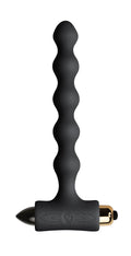 Black silicone anal plug with textured segmented design and gold metallic base from Rocks Off Petite Sensations Pearls