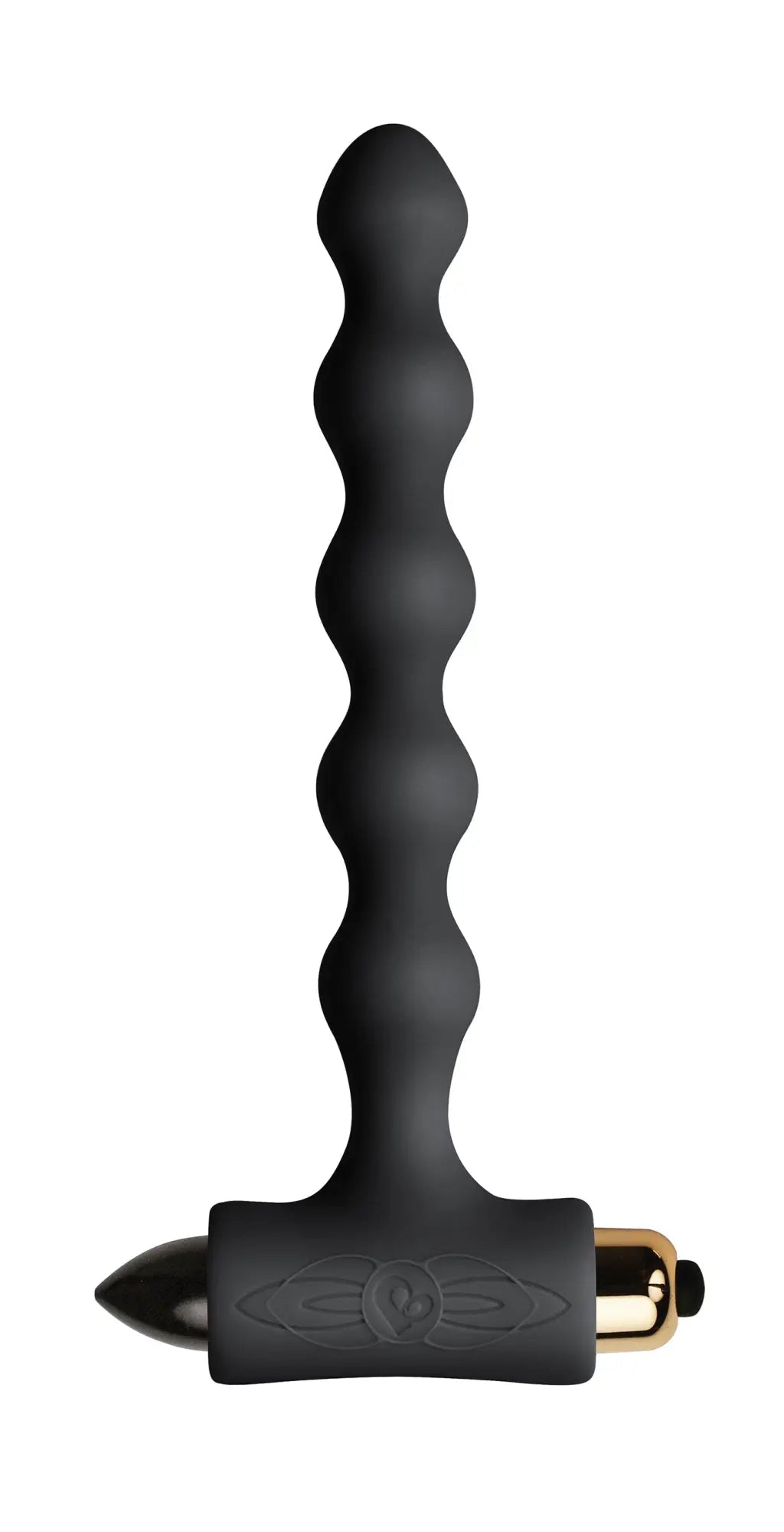Black silicone anal plug with textured segmented design and gold metallic base from Rocks Off Petite Sensations Pearls