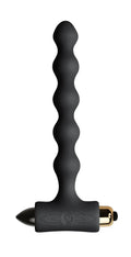 Black silicone anal plug with textured segmented design and gold metallic base from Rocks Off Petite Sensations Pearls