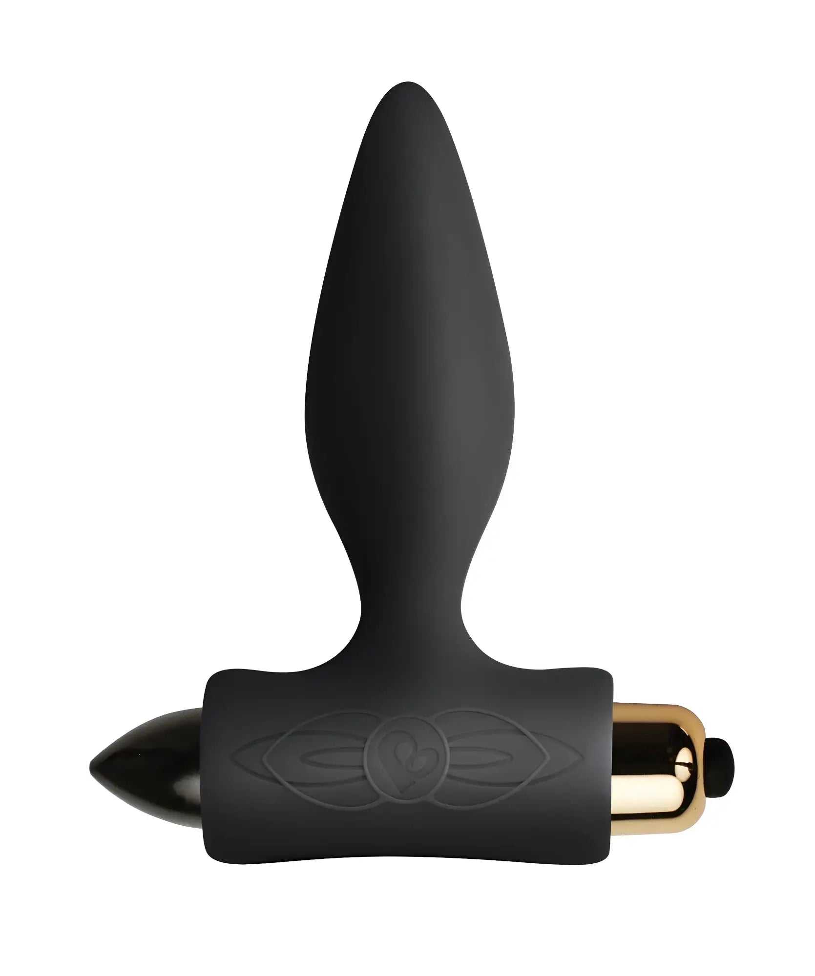 Black silicone anal plug rocks off petite sensations with gold metallic base and engraved circular handle design