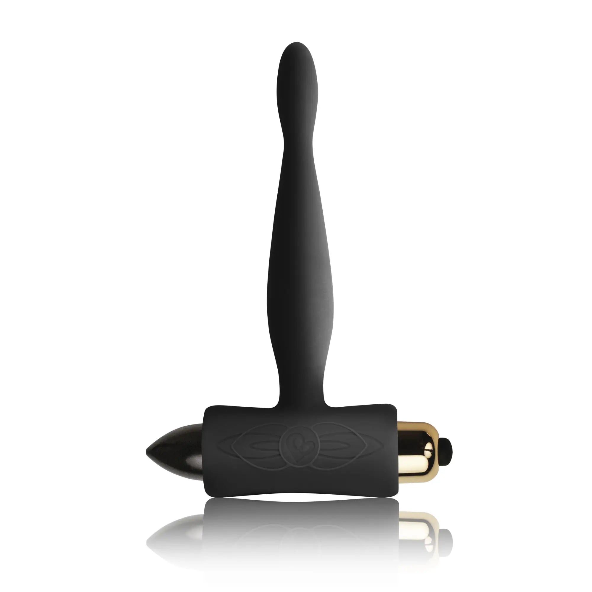 Black silicone anal plug rocks off petite sensations teazer with gold metal connector and engraved eye design on base