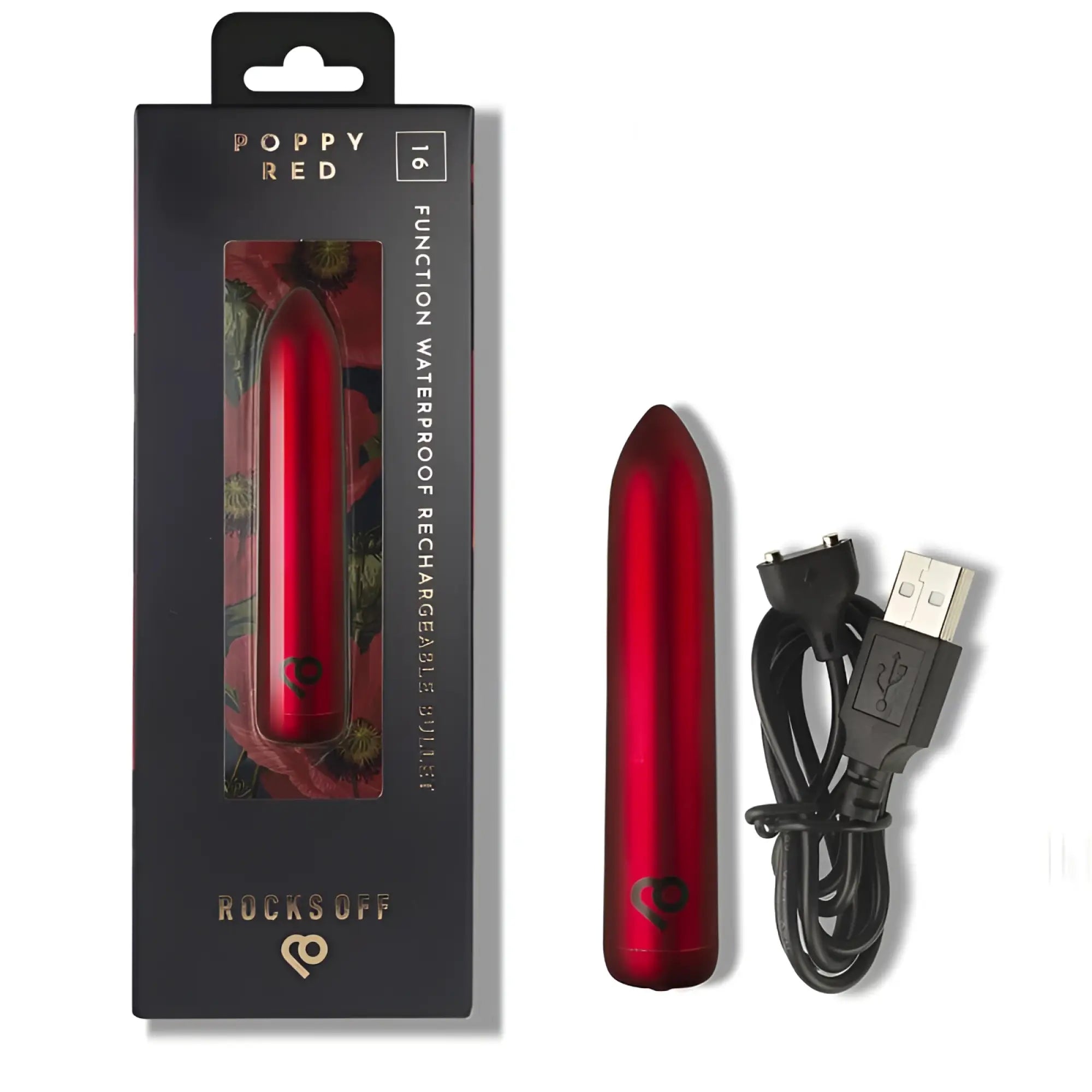 Red metallic poppy red 16 function waterproof rechargeable vibrator by rocks off designed for personal use