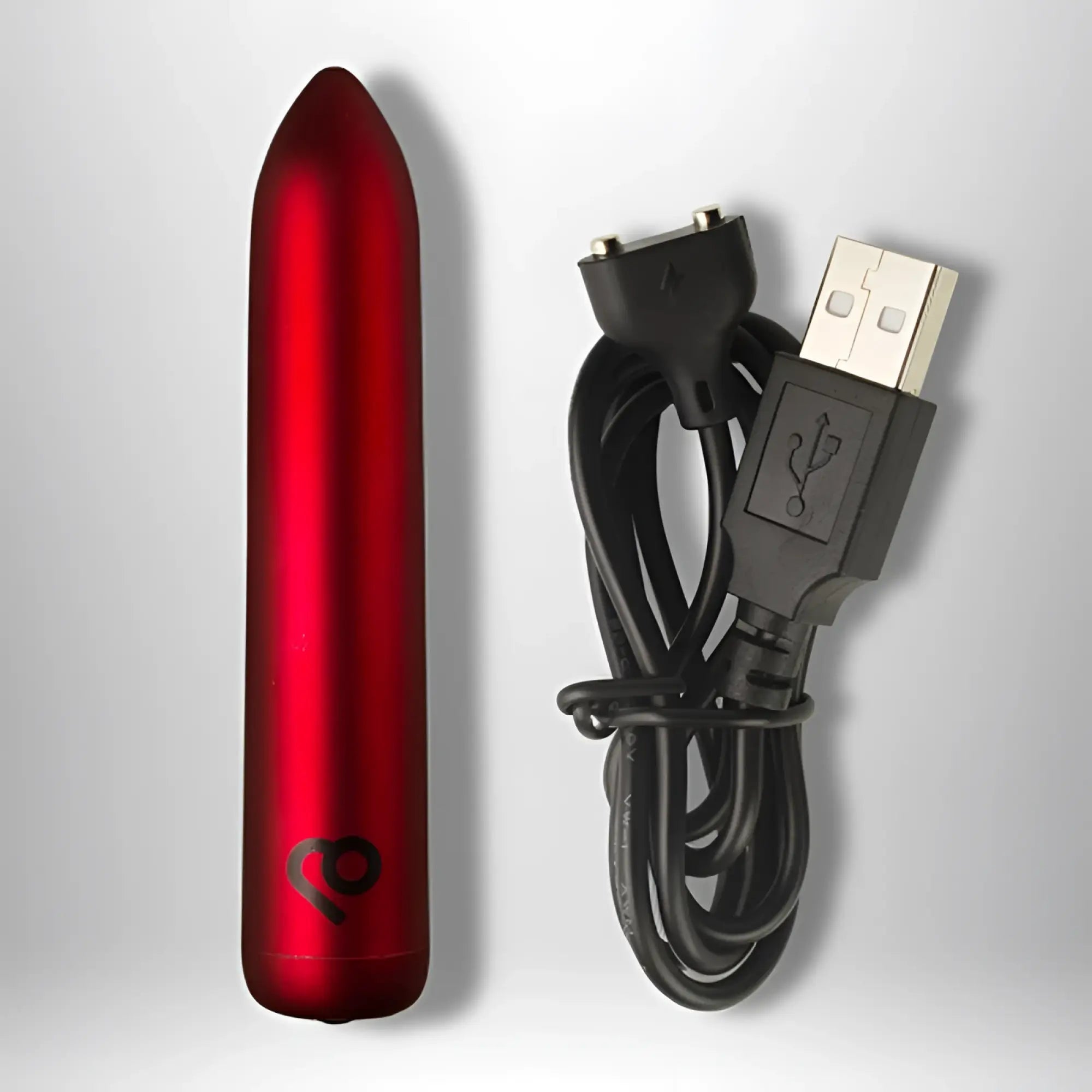 Rocks off poppy red rechargeable bullet is a red metallic cylindrical toy with a sleek tapered design and subtle logo near the base