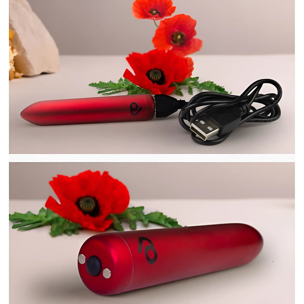 Red metallic cylindrical rechargeable bullet vibrator with black usb charging cable by rocks off poppy red