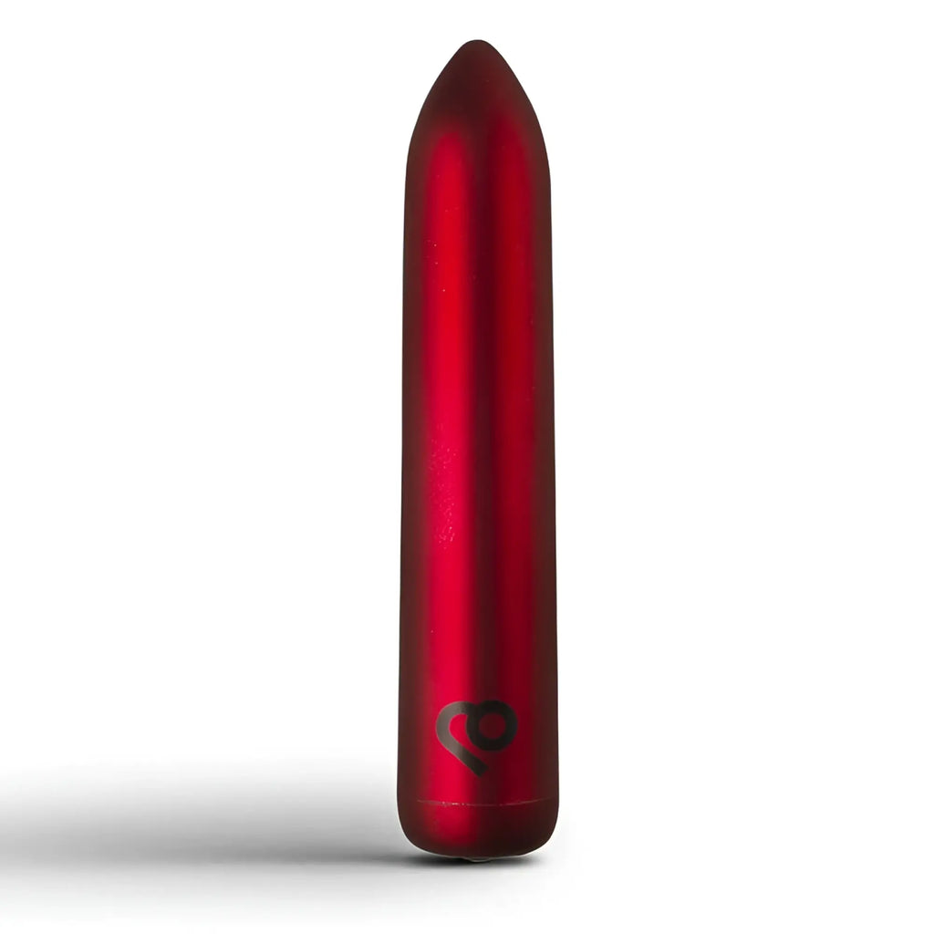 Rocks Off Poppy Red rechargeable bullet vibrator with red metallic finish tapered design and heart-shaped logo near base