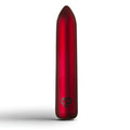 Rocks Off Poppy Red rechargeable bullet vibrator with red metallic finish tapered design and heart-shaped logo near base