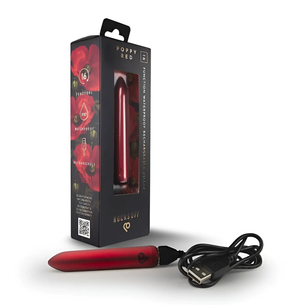 Red sleek rechargeable vibrator by rocksoff in poppy red designed for discreet pleasure and easy use