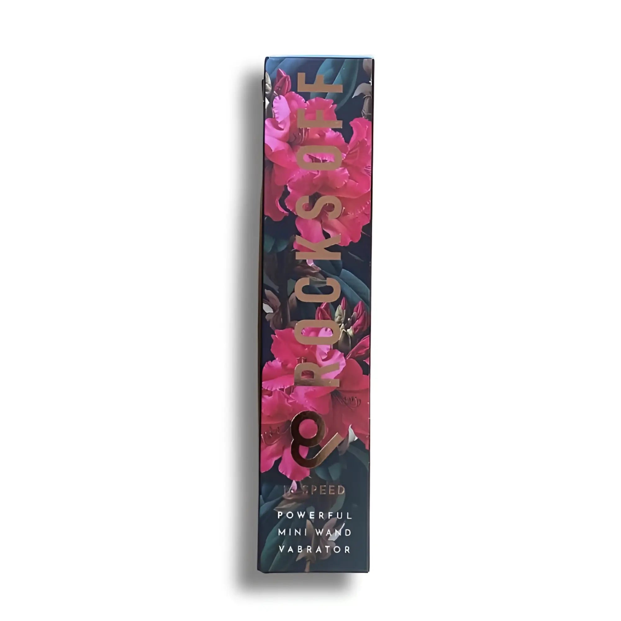 The packaging for rocks off rechargeable 16 mode silicone mini wand azalea red shows a vibrant floral design with pink blossoms
