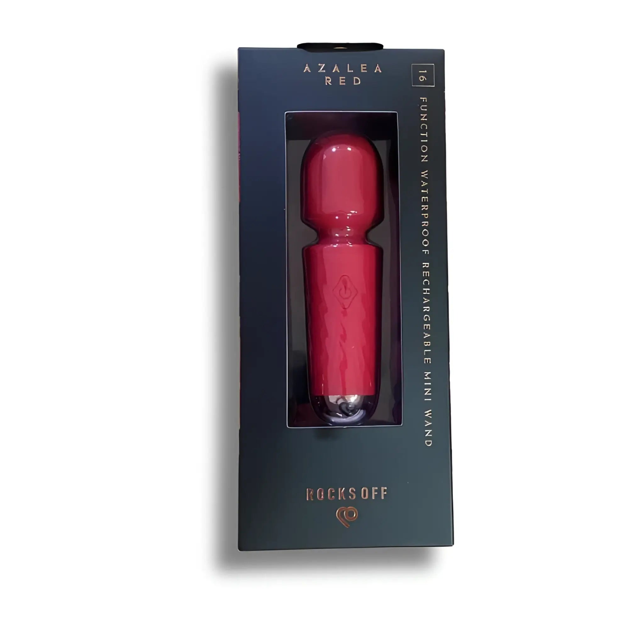 A vibrant red glossy rechargeable silicone mini wand by Rocks Off with 16 modes in azalea red