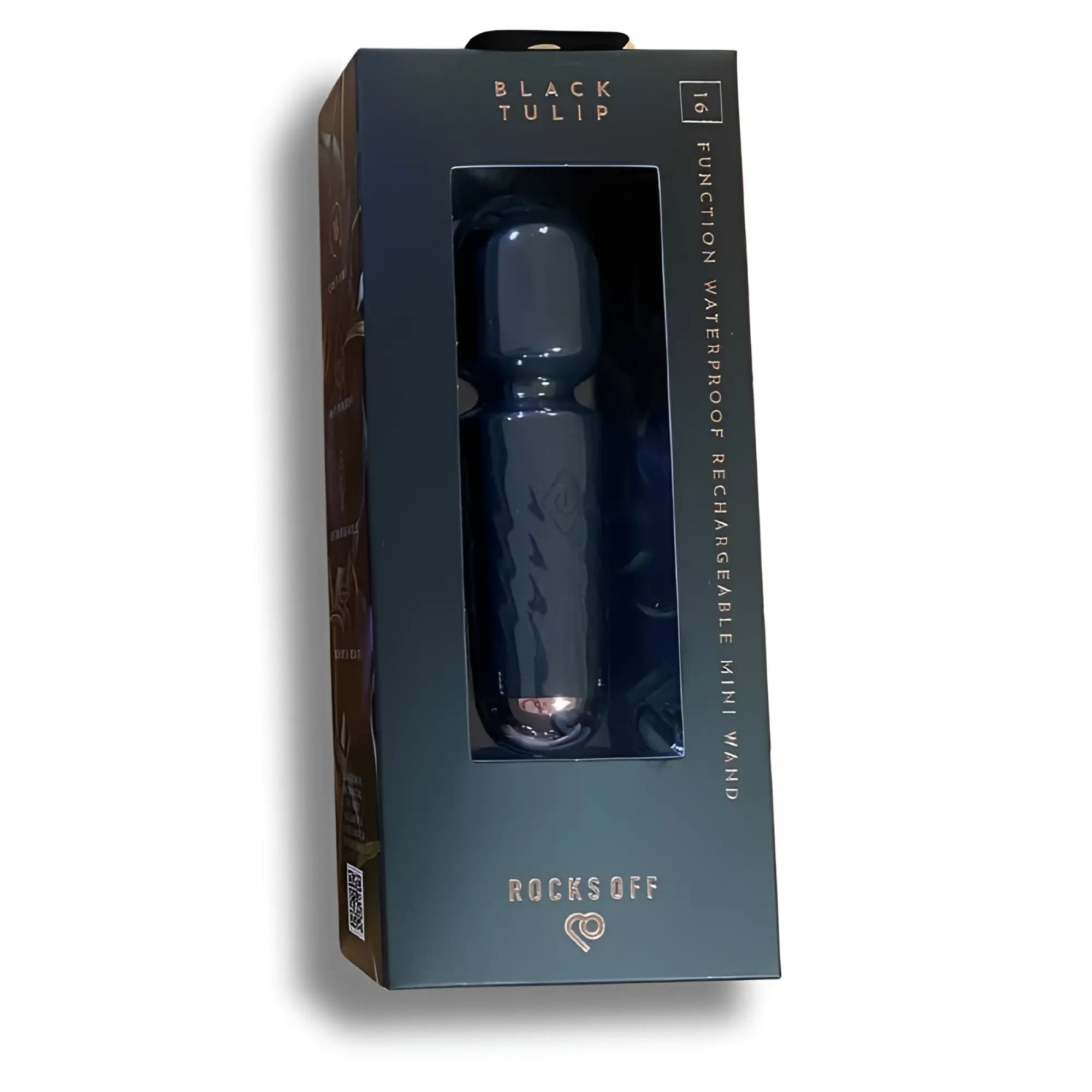 Rocks Off rechargeable 16 mode silicone mini wand Black Tulip in sleek black and silver with waterproof design in branded box