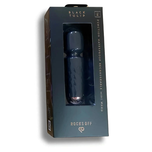 Rocks Off rechargeable 16 mode silicone mini wand Black Tulip in sleek black and silver with waterproof design in branded box