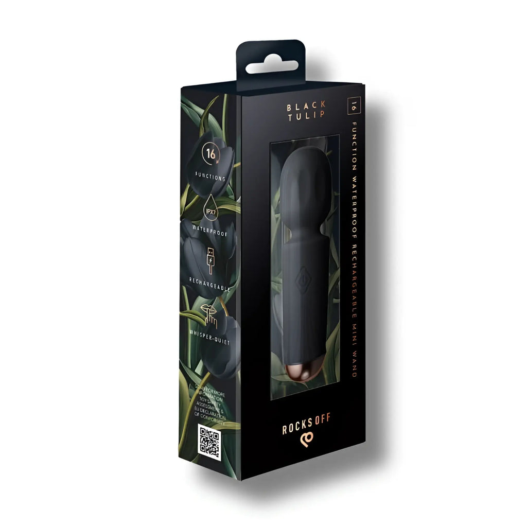 Rocks Off rechargeable 16 mode silicone mini wand black tulip in black and rose gold with waterproof 16 function features