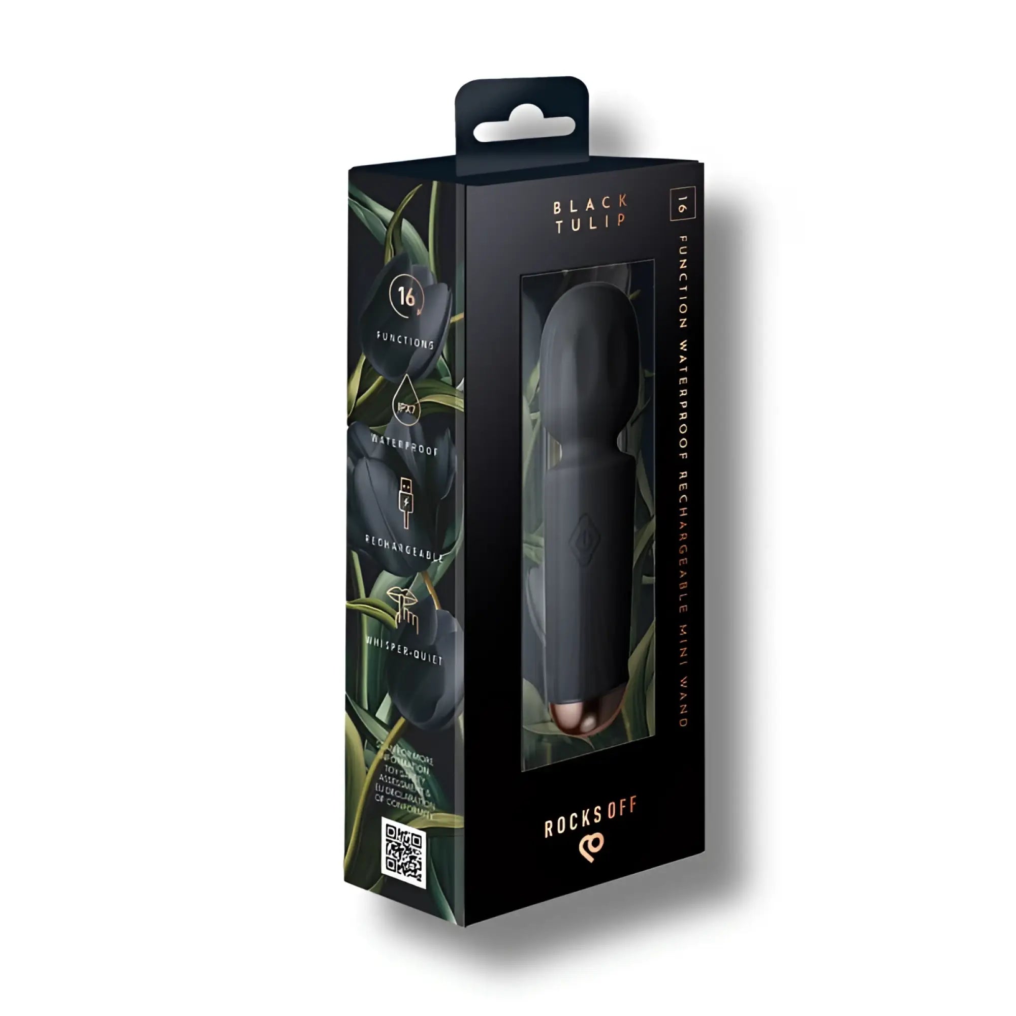 Rocks Off rechargeable 16 mode silicone mini wand black tulip in black and rose gold with waterproof 16 function features