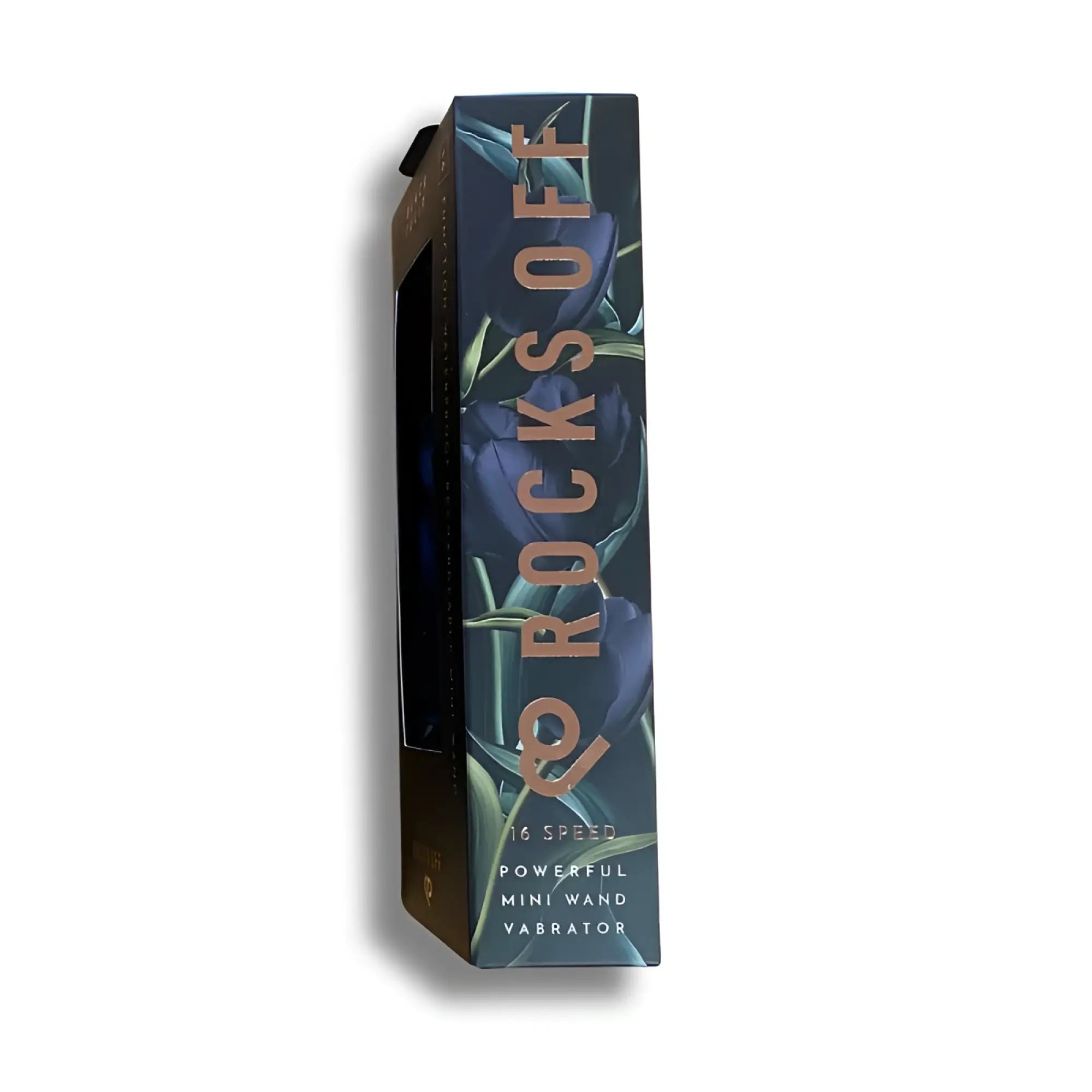 A sleek dark blue and green floral-patterned silicone mini wand box with rose gold rocks off lettering on the side