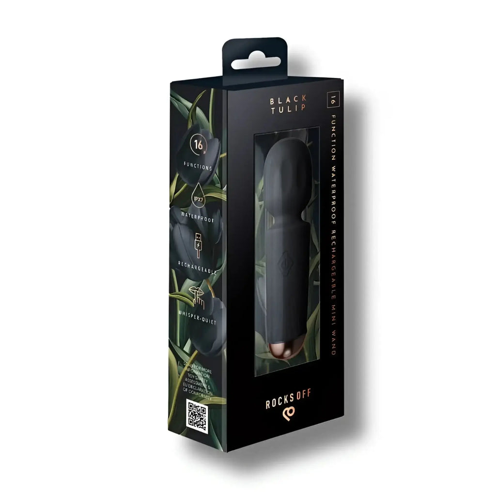 Rocks Off rechargeable 16 mode silicone mini wand black tulip in black and rose gold with waterproof 16 function features