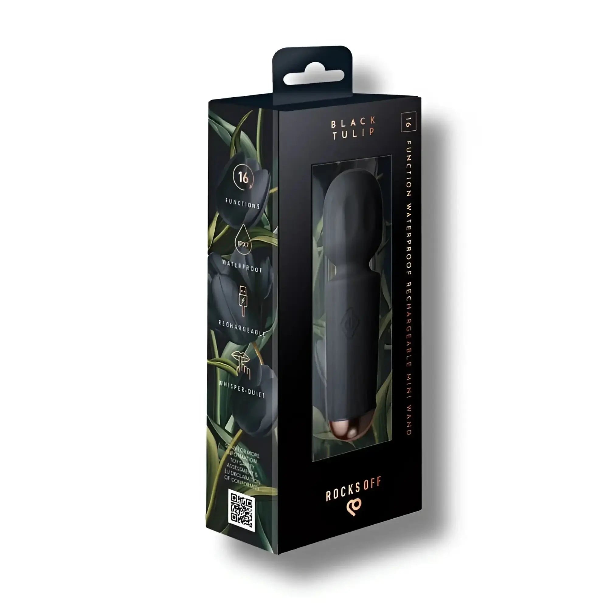 Rocks Off rechargeable 16 mode silicone mini wand black tulip in black and rose gold with waterproof 16 function features