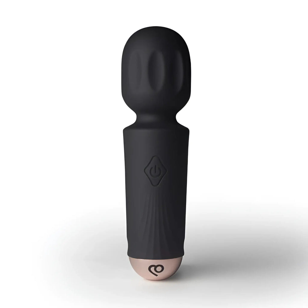 Rocks off rechargeable 16 mode silicone mini wand vibrator in black with rose gold base and power button emblem