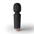 Rocks off rechargeable 16 mode silicone mini wand vibrator in black with rose gold base and power button emblem