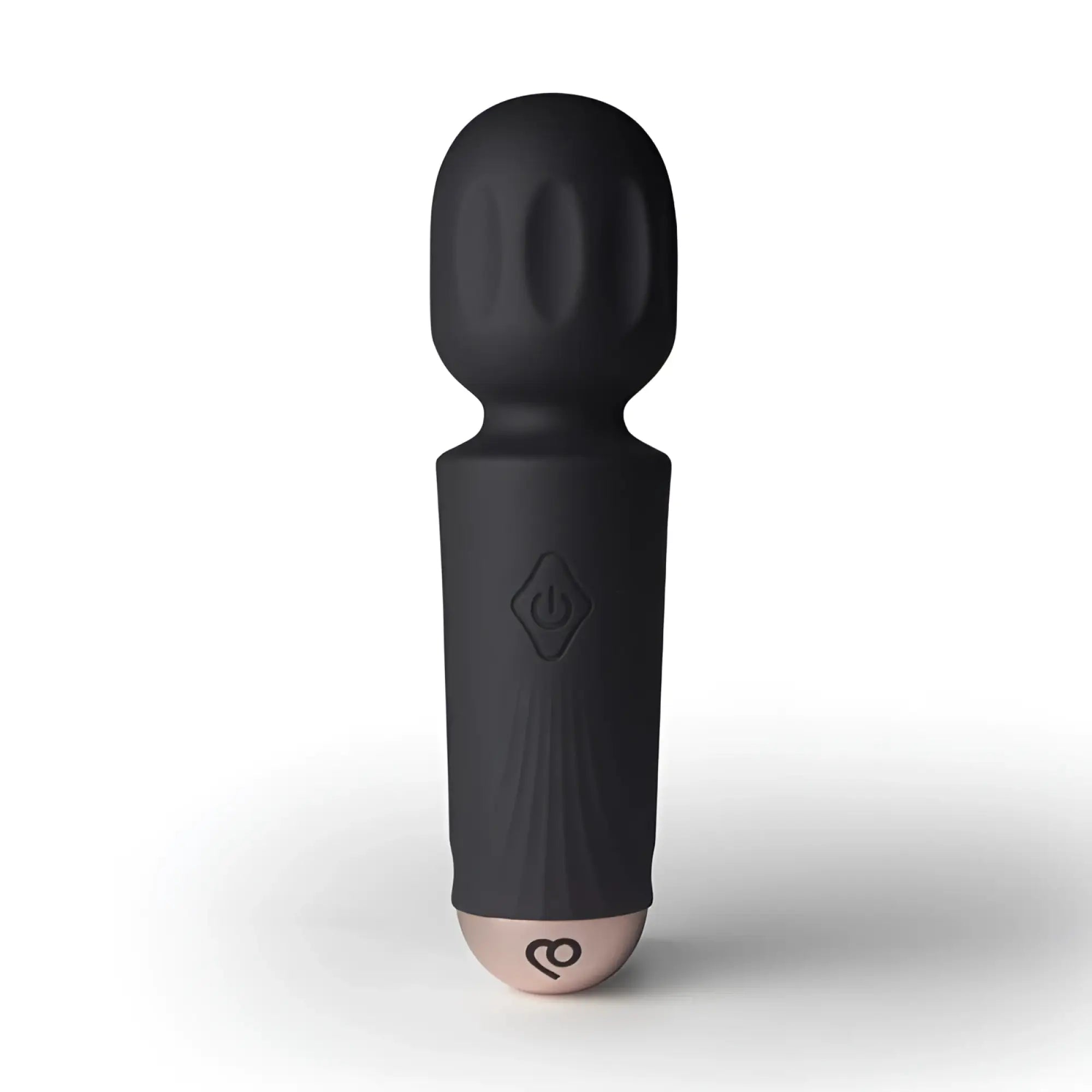Rocks off rechargeable 16 mode silicone mini wand vibrator in black with rose gold base and power button emblem