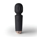 Rocks off rechargeable 16 mode silicone mini wand vibrator in black with rose gold base and power button emblem