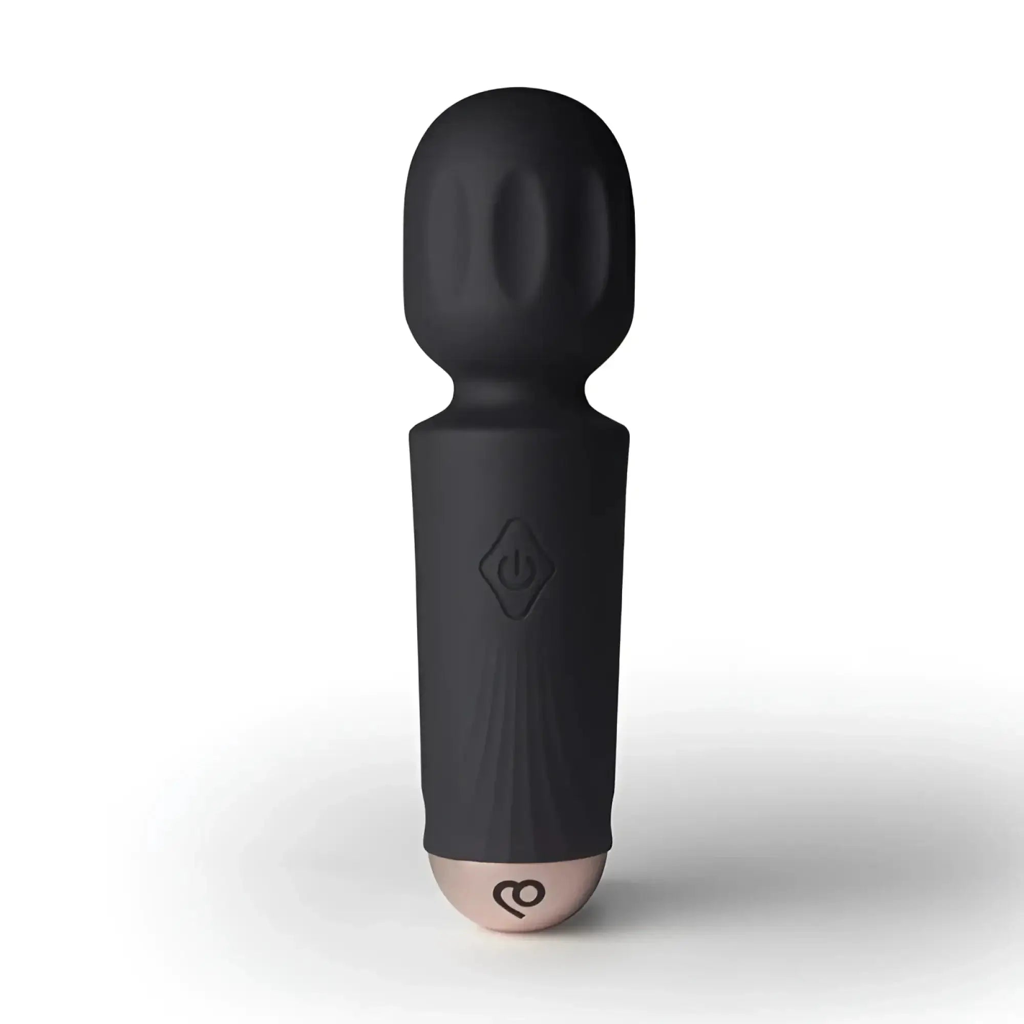 Rocks off rechargeable 16 mode silicone mini wand vibrator in black with rose gold base and power button emblem
