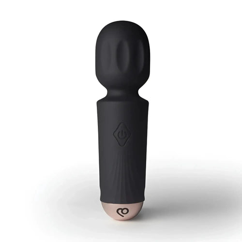 Rocks off rechargeable 16 mode silicone mini wand vibrator in black with rose gold base and power button emblem