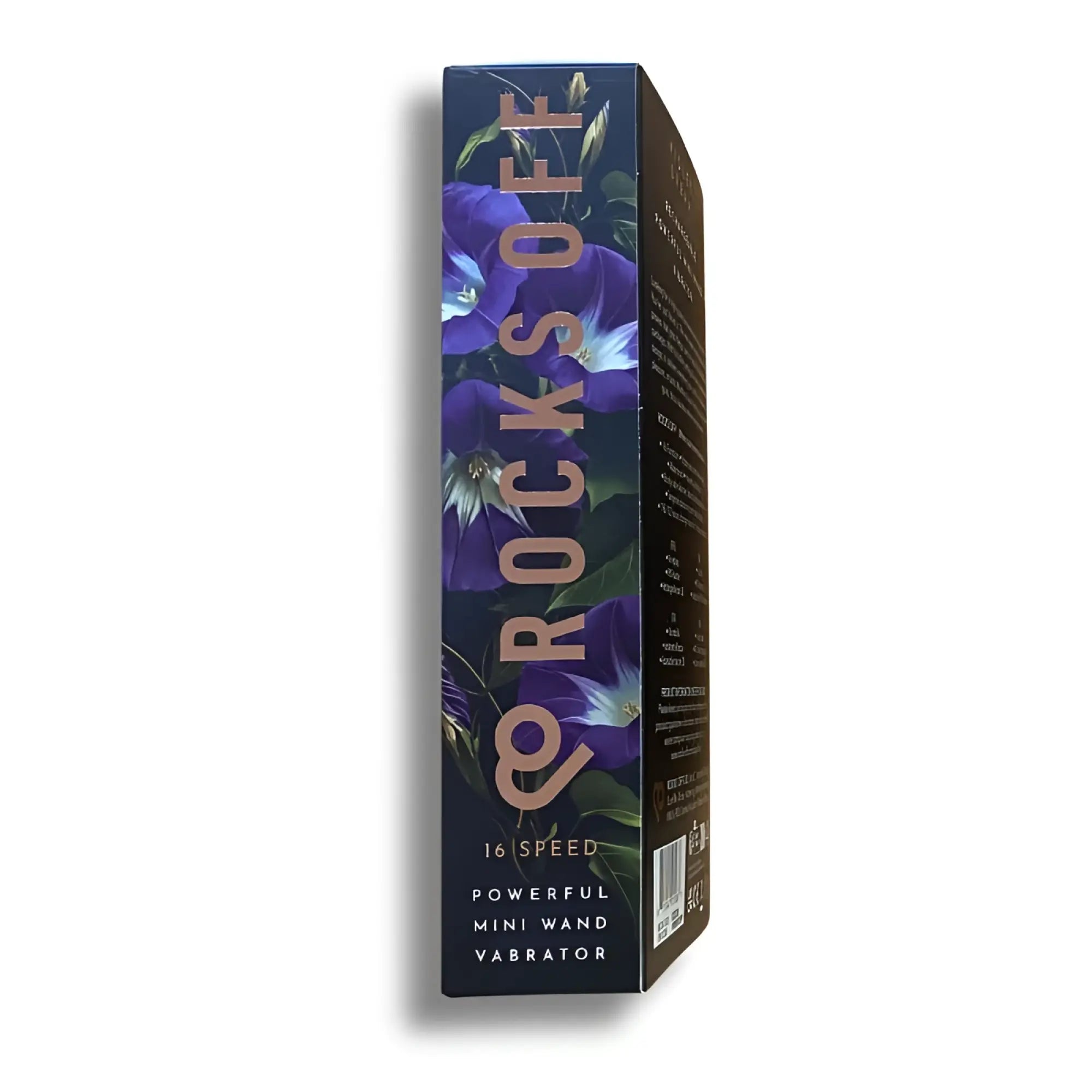 A sleek dark blue rechargeable silicone mini wand with 16 modes featuring rose gold lettering and purple floral design