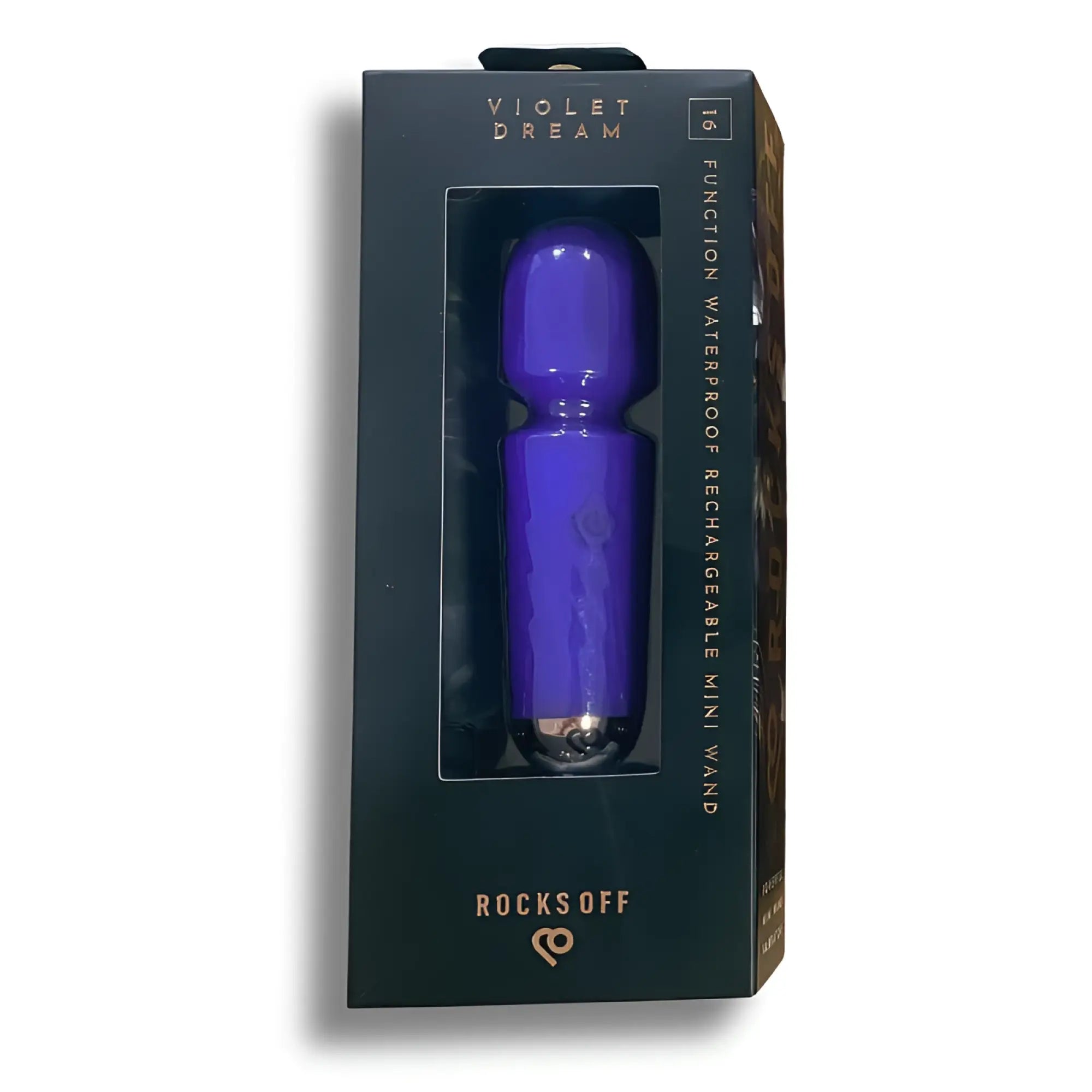 Rocks off rechargeable 16 mode silicone mini wand violet dream in glossy purple with metallic base and sleek finish