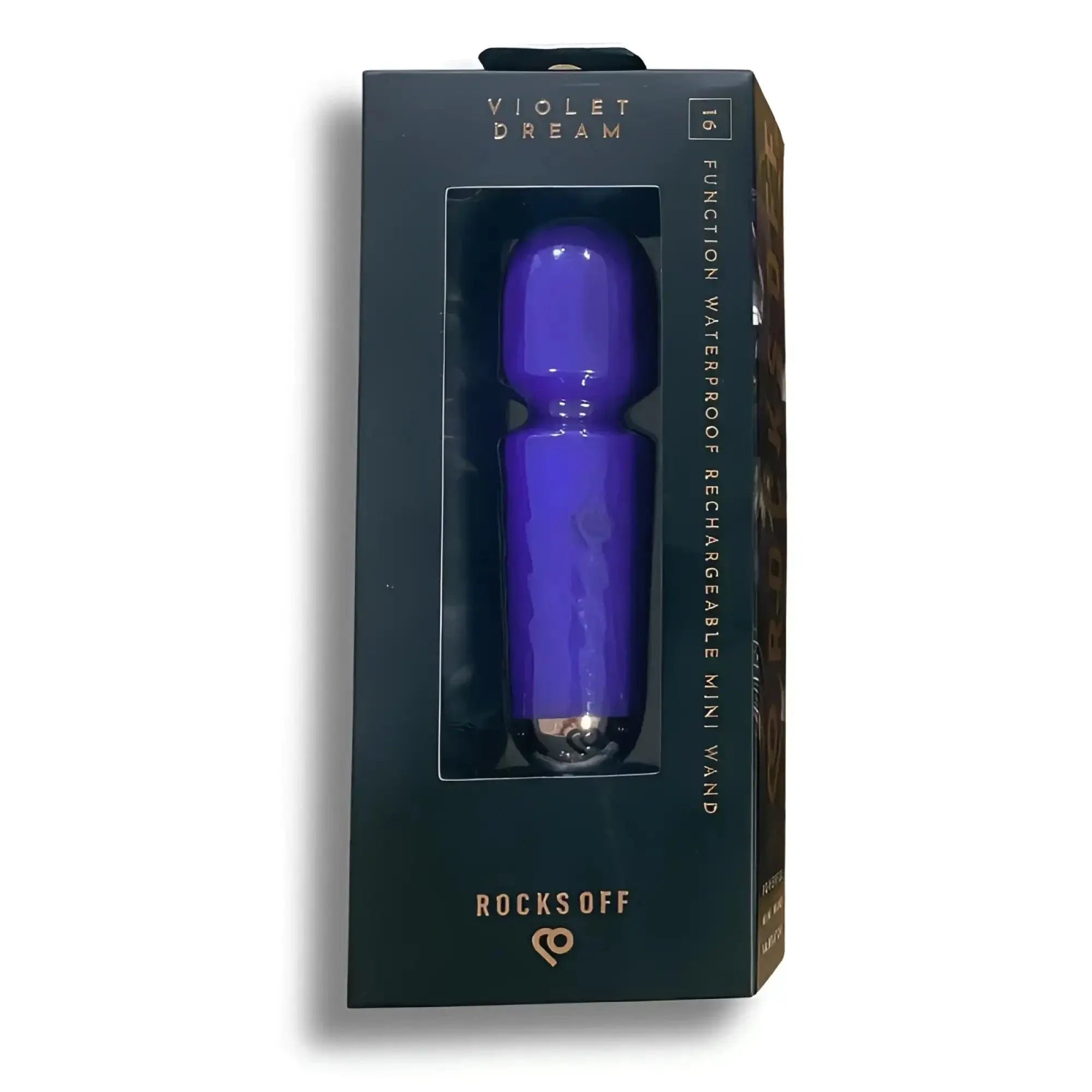 Rocks off rechargeable 16 mode silicone mini wand violet dream in glossy purple with metallic base and sleek finish