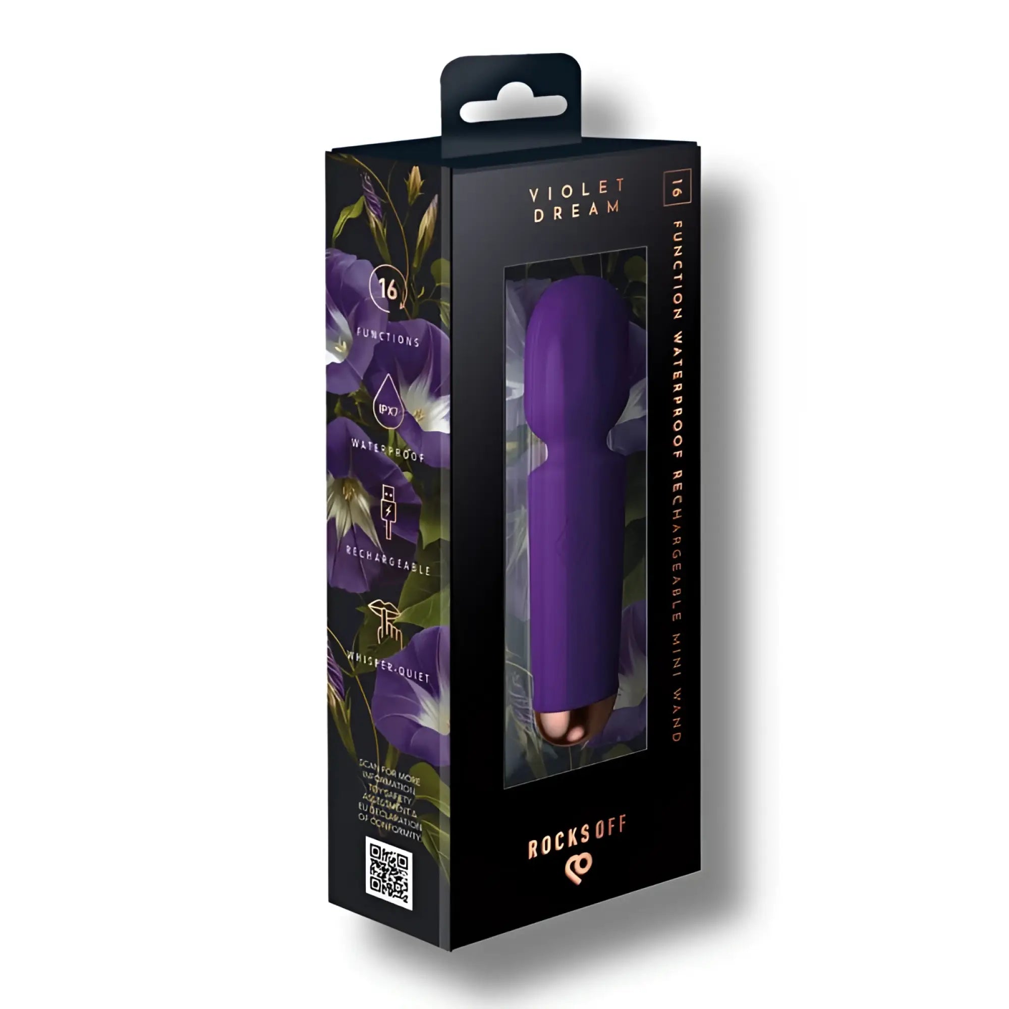 Purple silicone rechargeable 16 mode mini wand vibrator with rose gold tip packaged in a violet dream black box by rocks off