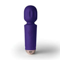 Purple silicone-wrapped rocks off rechargeable 16 mode mini wand vibrator with rounded head and textured grip handle