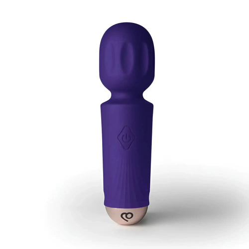 Purple silicone-wrapped rocks off rechargeable 16 mode mini wand vibrator with rounded head and textured grip handle