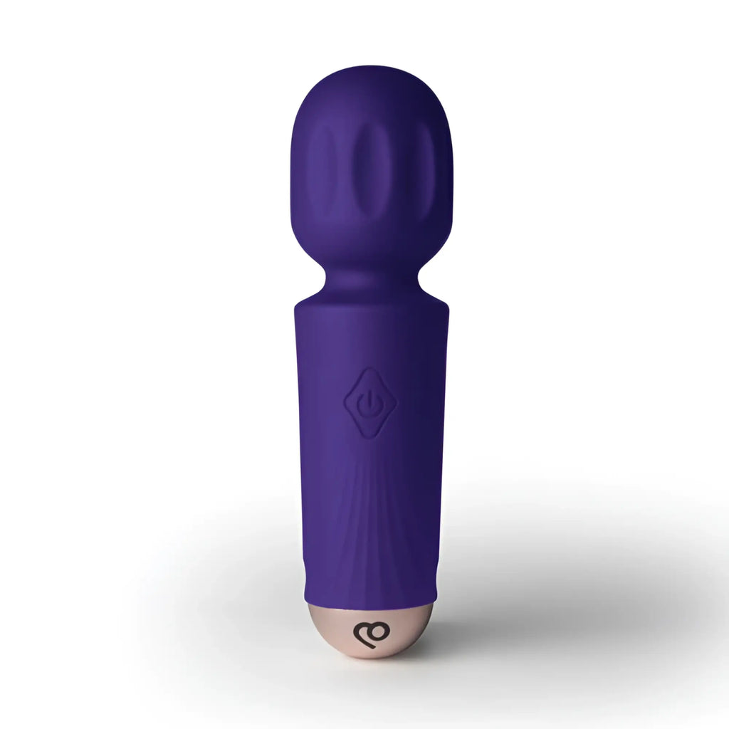 Purple silicone-wrapped rocks off rechargeable 16 mode mini wand vibrator with rounded head and textured grip handle