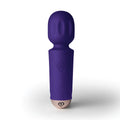 Purple silicone-wrapped rocks off rechargeable 16 mode mini wand vibrator with rounded head and textured grip handle