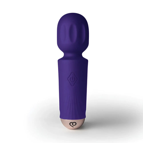 Purple silicone-wrapped rocks off rechargeable 16 mode mini wand vibrator with rounded head and textured grip handle