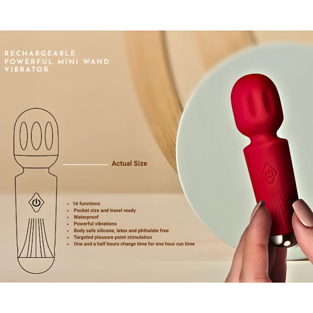 Rocks off rechargeable 16 mode silicone mini wand vibrator in red with a sleek ergonomic design and metallic base