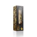 Gold-colored sleek ro-80mm champagne model vibrator in branded packaging for personal pleasure use