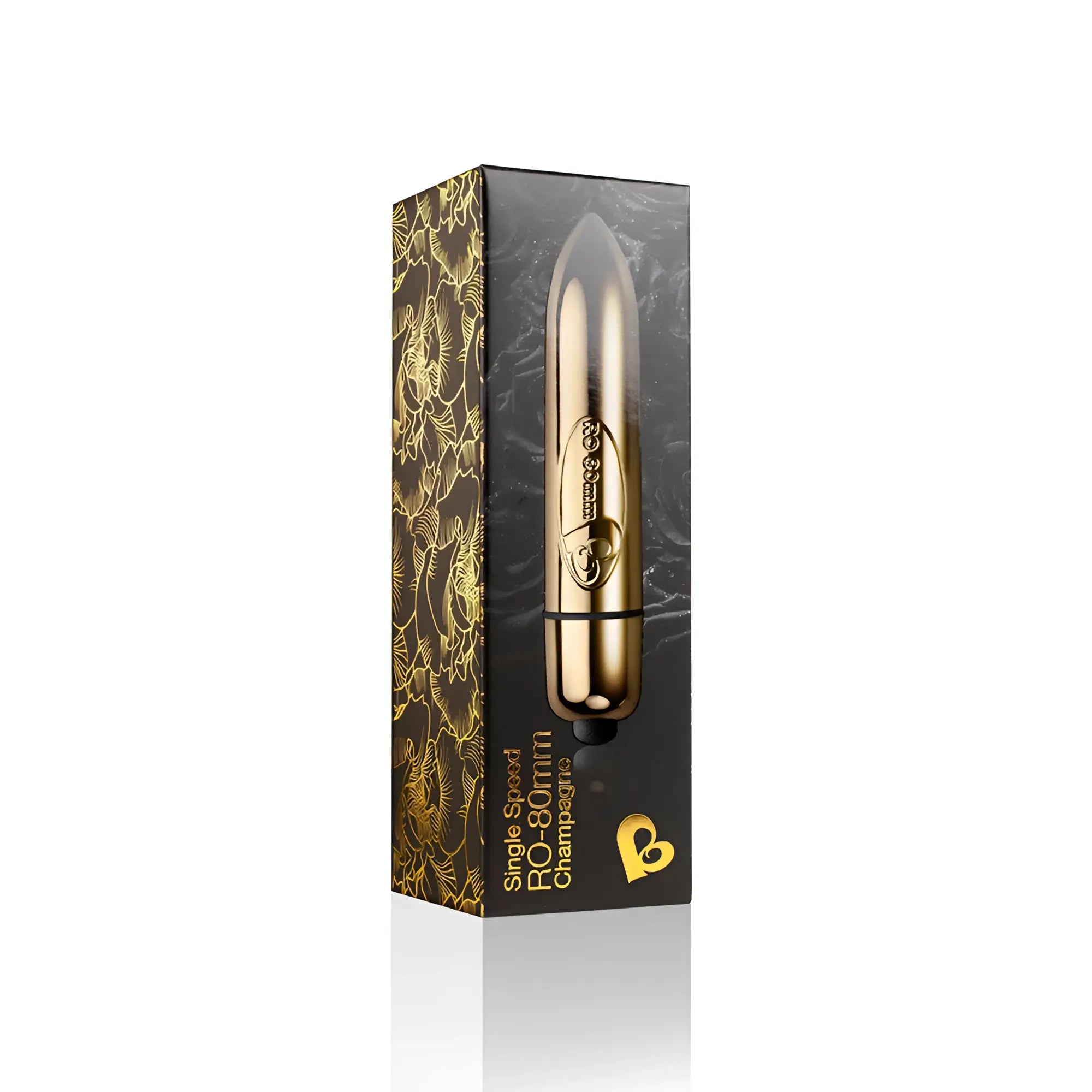 Gold-colored sleek ro-80mm champagne model vibrator in branded packaging for personal pleasure use
