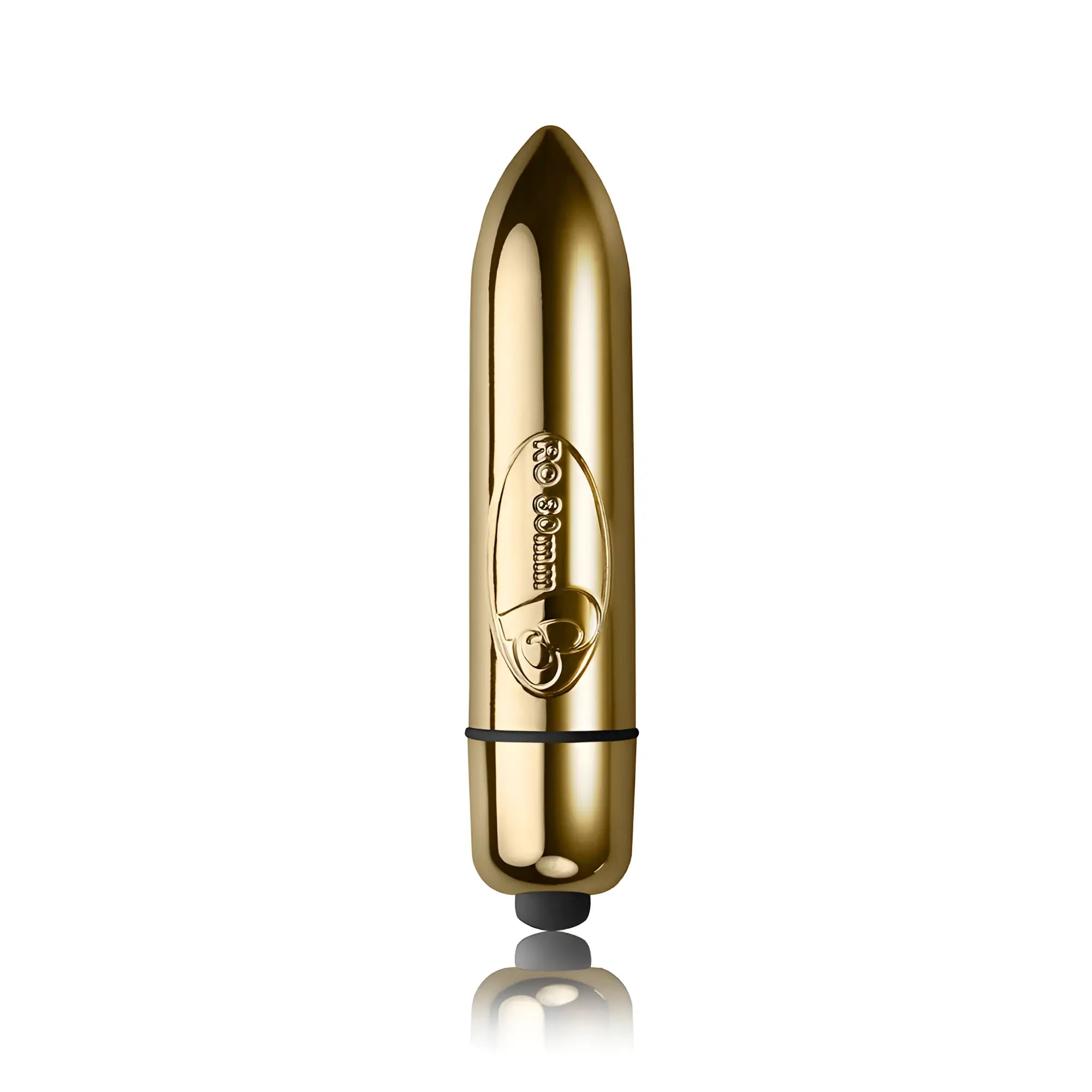 Gold-colored sleek metallic rocks off ro-80 single speed bullet with black rubber tip and engraved oval logo near base