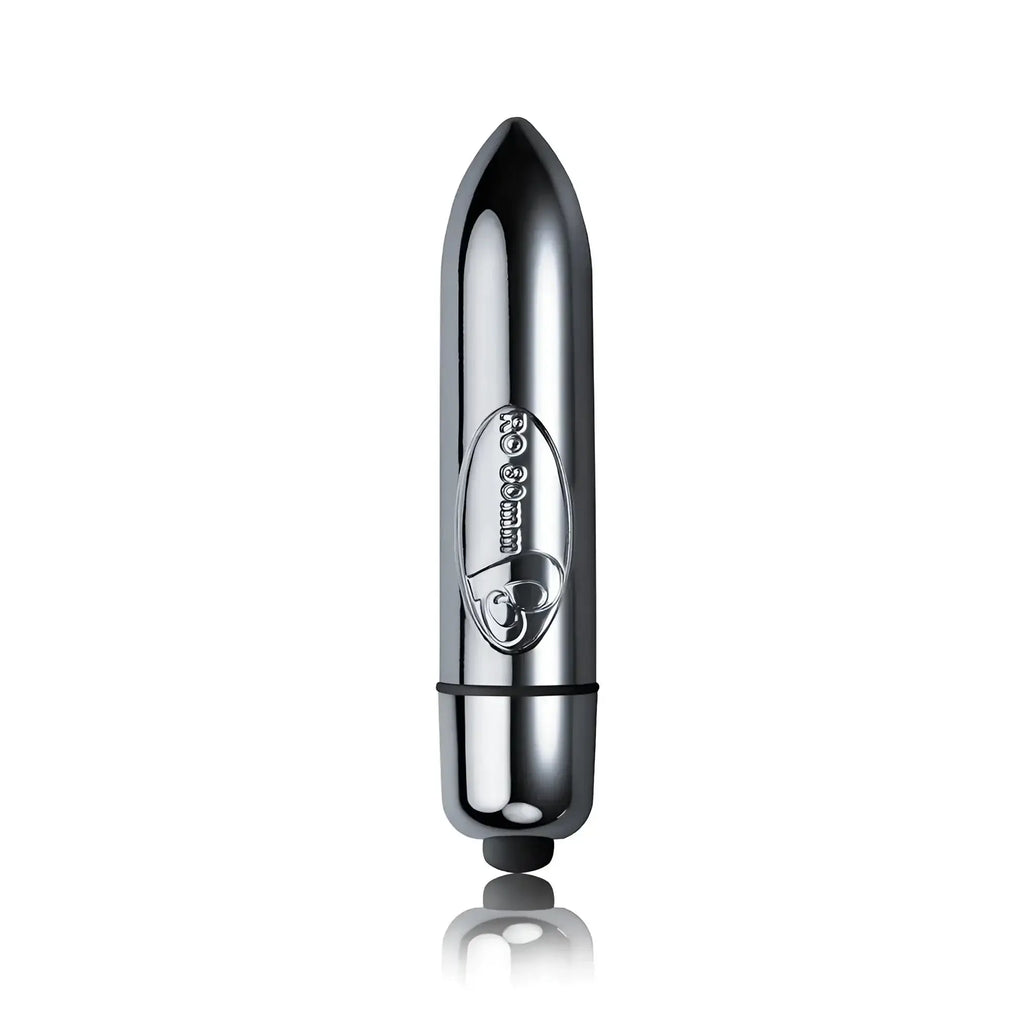 Shiny chrome-finished bullet vibrator with sleek elongated design and r30mm brand emblem on its side for discreet use