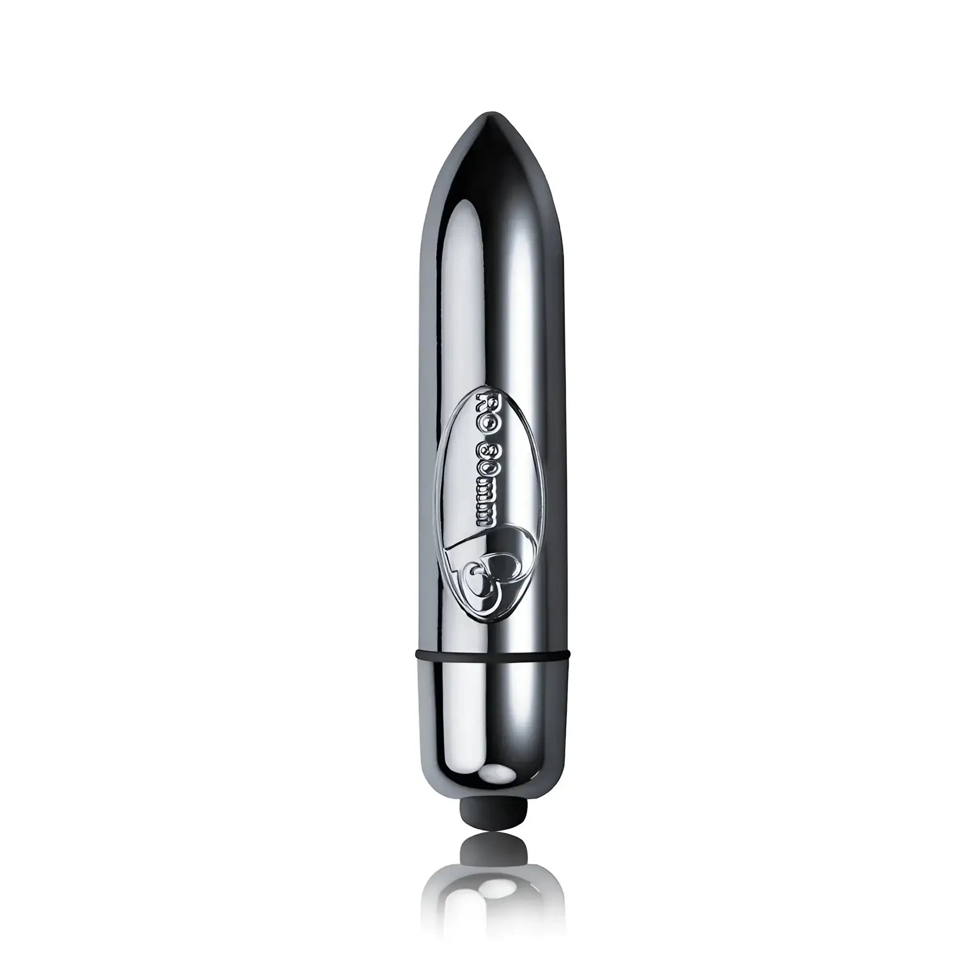 Shiny chrome-finished bullet vibrator with sleek elongated design and r30mm brand emblem on its side for discreet use