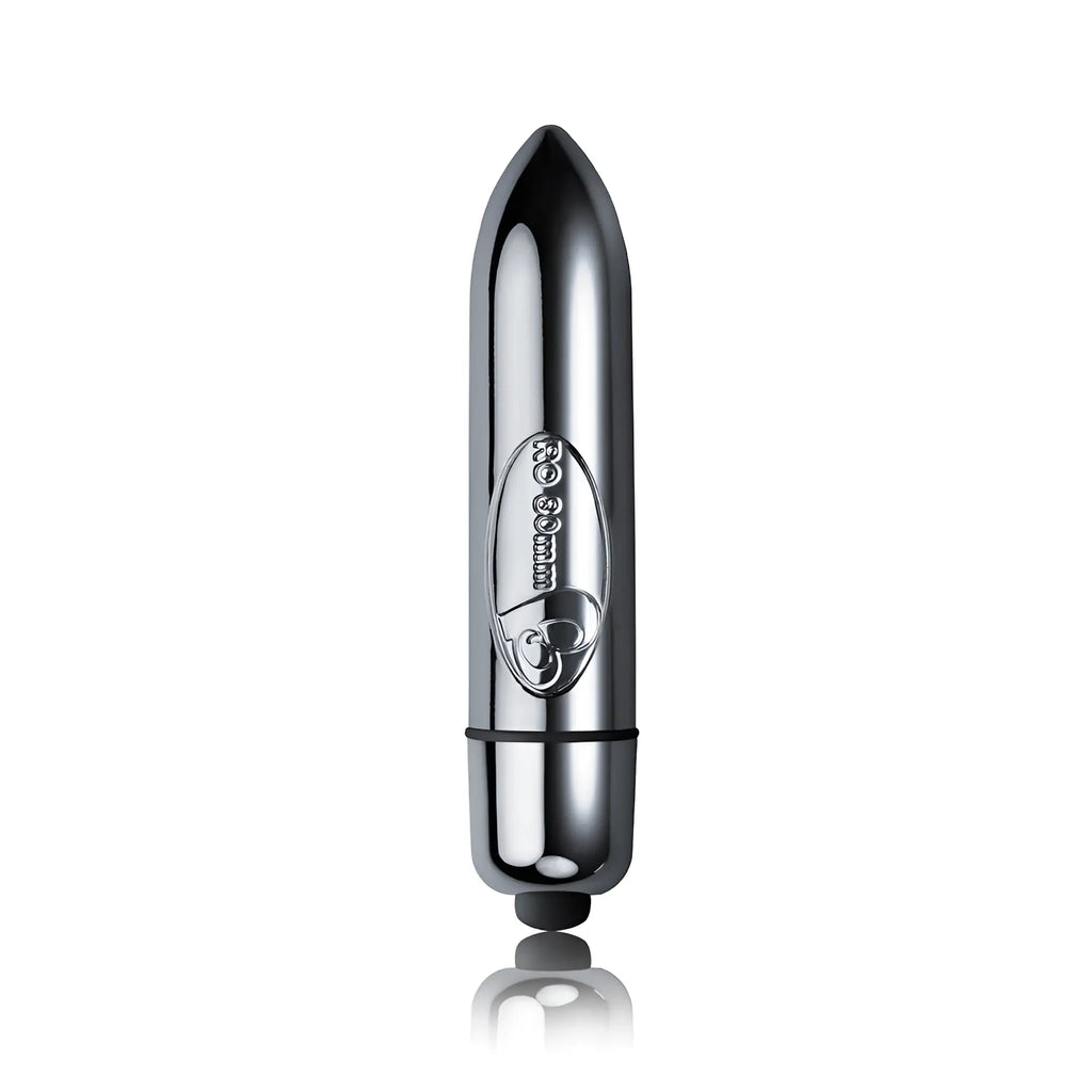 Shiny chrome-finished bullet vibrator with sleek elongated design and r30mm brand emblem on its side for discreet use