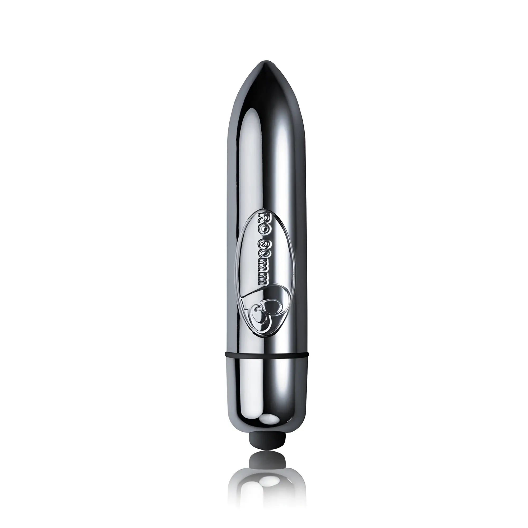 Shiny chrome-finished bullet vibrator with sleek elongated design and r30mm brand emblem on its side for discreet use
