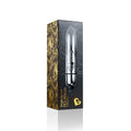 Silver chrome-plated single-speed Rocks Off RO-80 bullet vibrator in black and gold elegant packaging