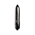 Black sleek glossy plastic vibrating bullet with pointed tip and silver oval emblem rocks off ro-80mm 7 speed midnight metal