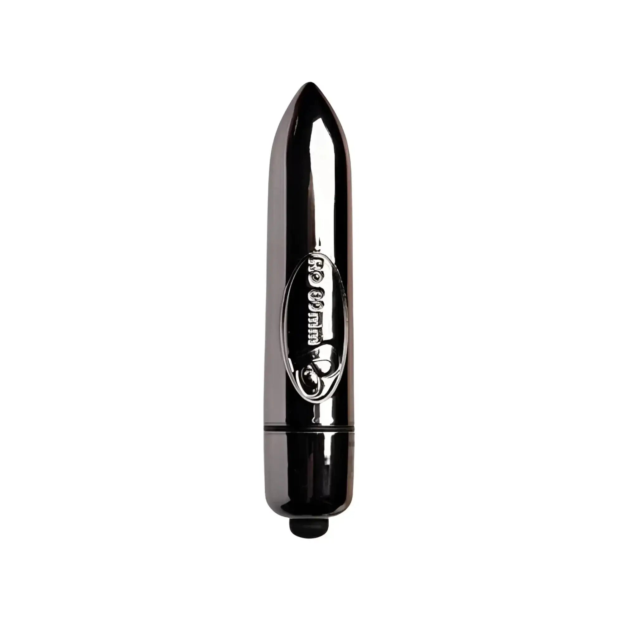 Black sleek glossy plastic vibrating bullet with pointed tip and silver oval emblem rocks off ro-80mm 7 speed midnight metal