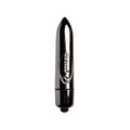Black sleek glossy plastic vibrating bullet with pointed tip and silver oval emblem rocks off ro-80mm 7 speed midnight metal